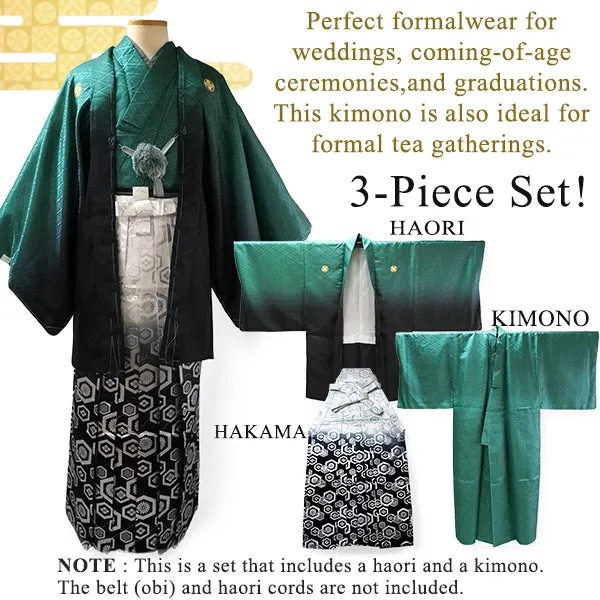 Men's Formal Kimono, Haori, and Hakama 3-Piece Set ＜Green blur Haori＞