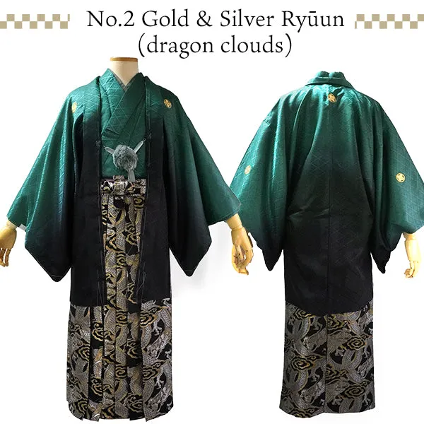 Men's Formal Kimono, Haori, and Hakama 3-Piece Set ＜Green blur Haori＞