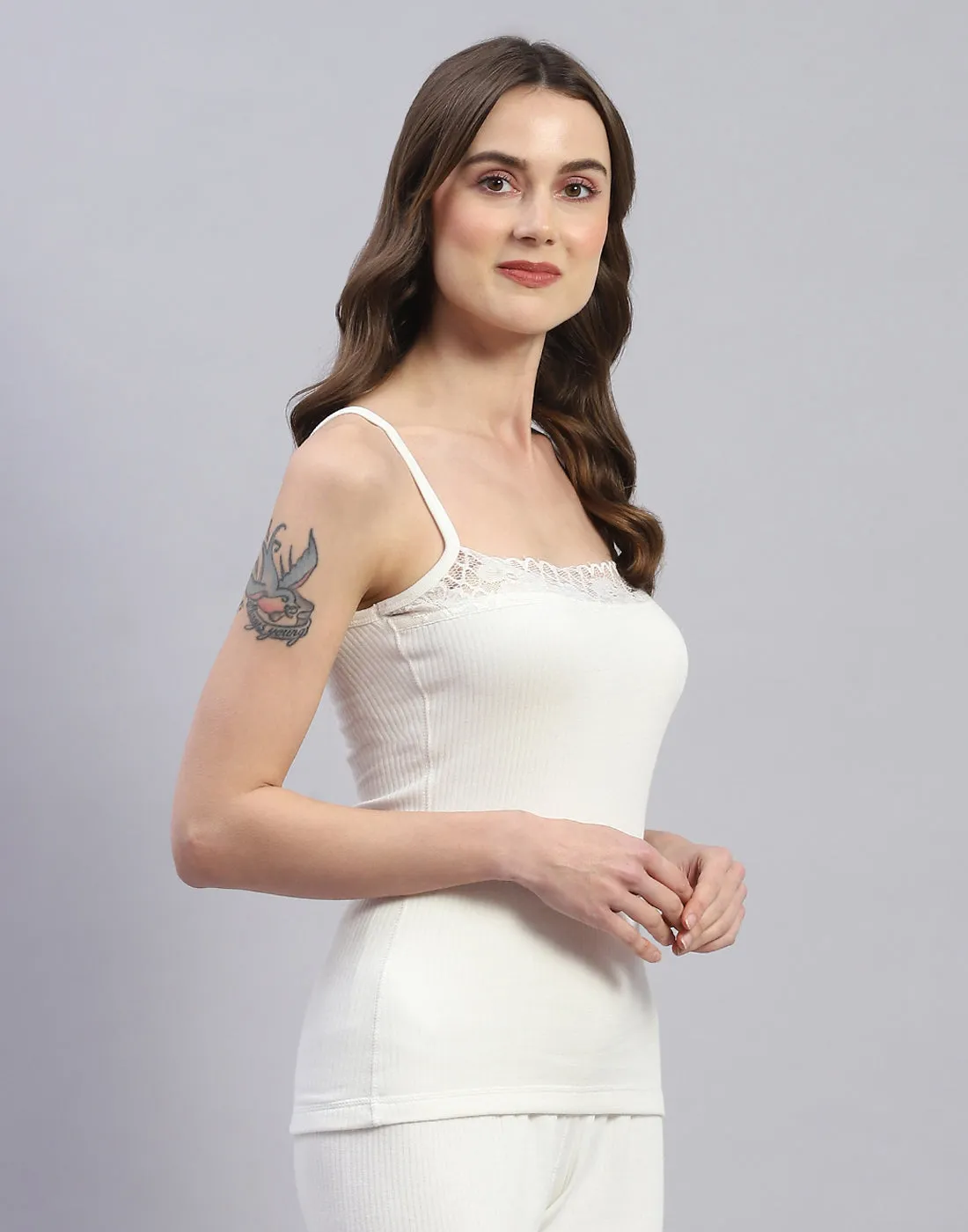 Women Off White Solid Square Neck Sleeveless Camisole